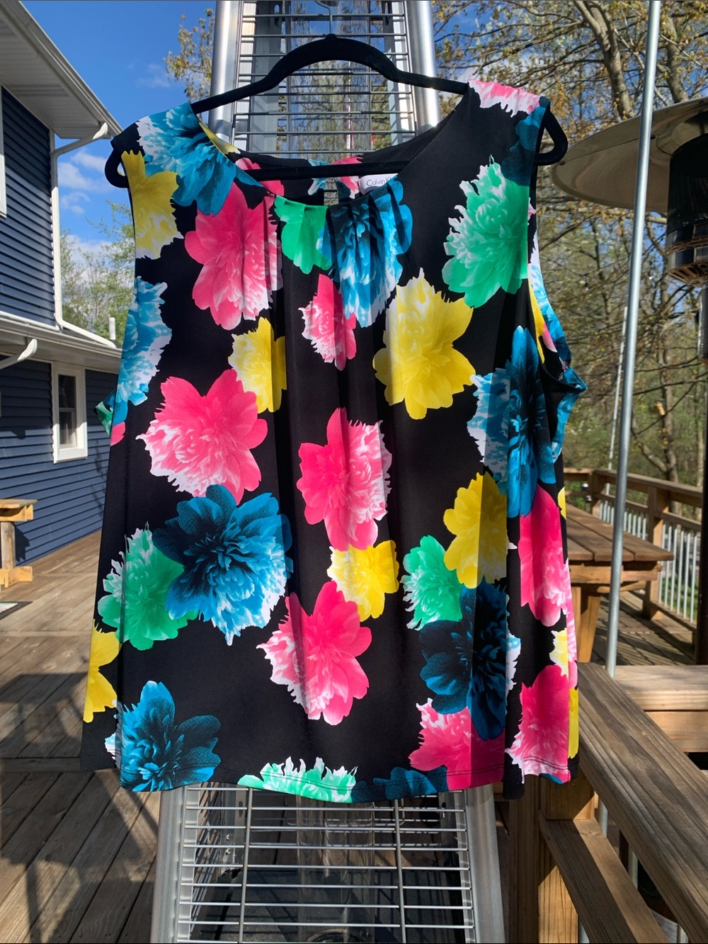 Sleeveless Black Floral Tank Top with Bright Multicolor Blooms